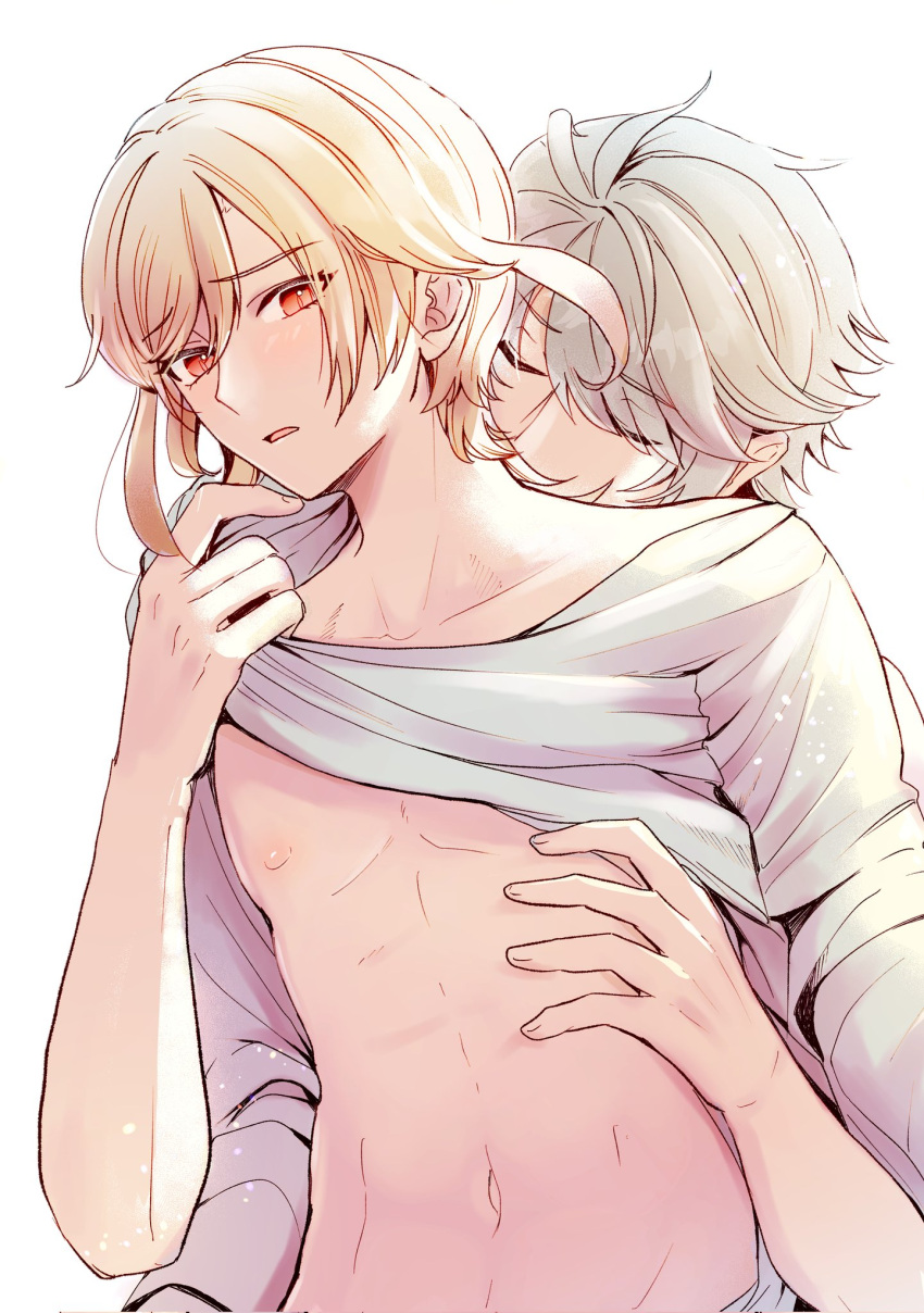 2boys alhaitham_(genshin_impact) blonde_hair closed_eyes clothes_lift from_behind genshin_impact grey_hair highres kaveh_(genshin_impact) long_hair multiple_boys muscular muscular_male nassama233 navel nipples open_mouth red_eyes shirt shirt_lift short_hair stomach t-shirt white_shirt yaoi