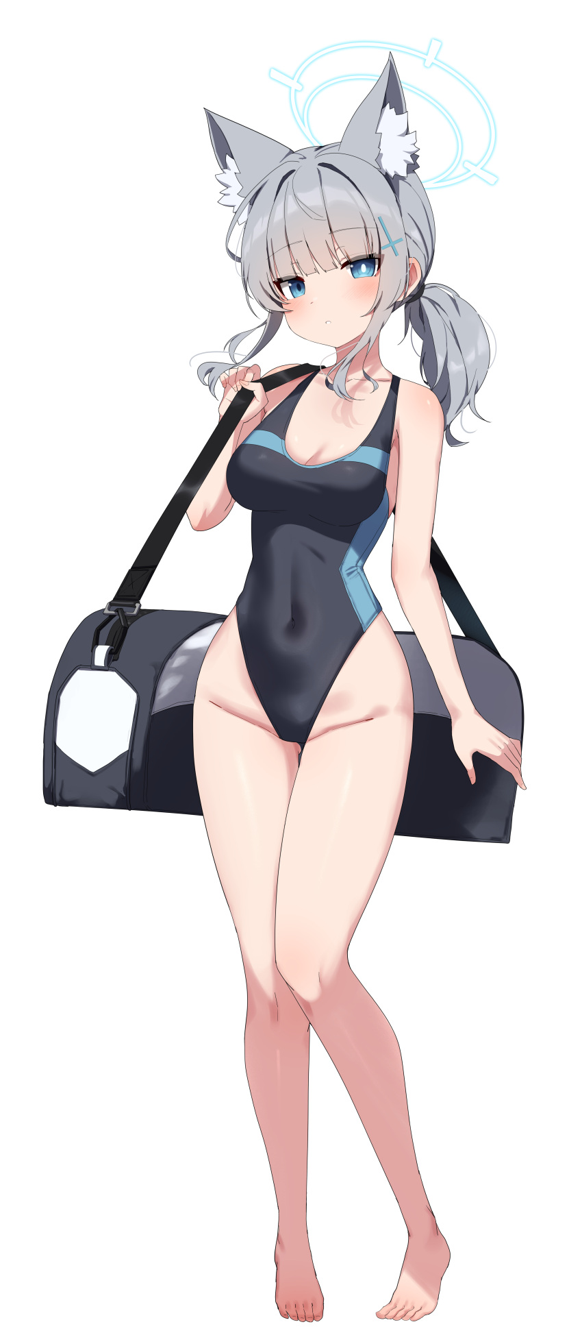 1girl absurdres animal_ear_fluff animal_ears bag bare_shoulders barefoot blue_archive blue_eyes blue_one-piece_swimsuit blush breasts cleavage collarbone covered_navel cross_hair_ornament duffel_bag extra_ears full_body grey_hair hair_ornament halo highleg highleg_swimsuit highres looking_at_viewer medium_breasts medium_hair multicolored_clothes multicolored_swimsuit one-piece_swimsuit shiroko_(blue_archive) shiroko_(swimsuit)_(blue_archive) short_ponytail sidelocks solo swimsuit w.k wolf_ears