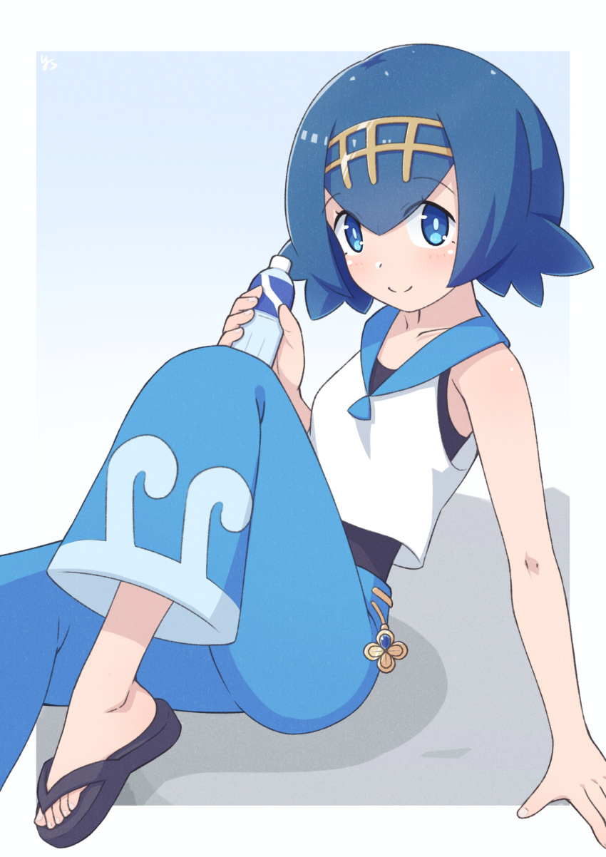 1girl blue_hair blue_pants bottle bright_pupils closed_mouth feet foot_out_of_frame hairband highres holding holding_bottle knee_up lana_(pokemon) looking_at_viewer pants pokemon pokemon_sm sandals shirt sleeveless sleeveless_shirt smile solo swimsuit swimsuit_under_clothes toenails toes water_bottle white_pupils white_shirt yashi_(hayashiki0404) yellow_hairband