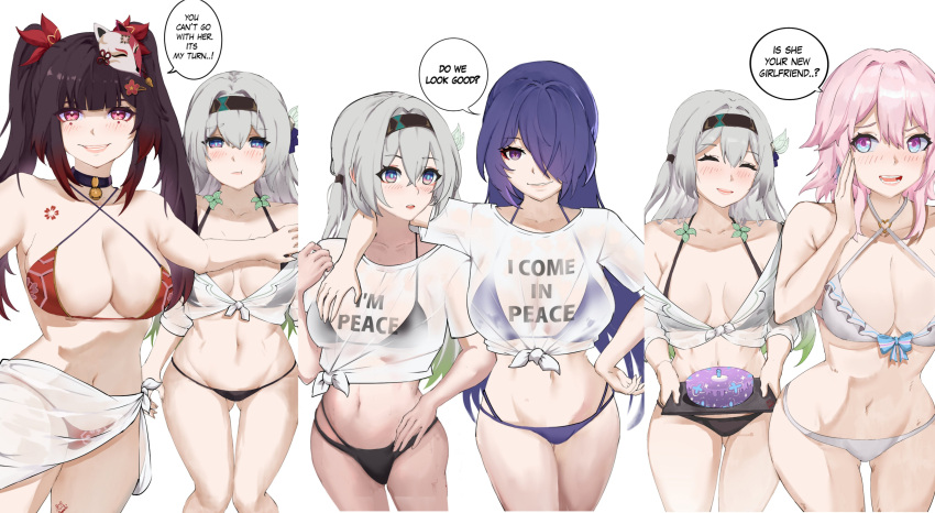 4girls :d :t ^_^ absurdres acheron_(honkai:_star_rail) alternate_breast_size alternate_costume annotated arm_around_shoulder bare_shoulders bell bikini bikini_under_clothes black_bikini black_choker black_hair black_hairband blue_eyes blunt_bangs blush breasts cake chest_tattoo choker cleavage closed_eyes clothes_writing commentary cowboy_shot criss-cross_halter crop_top english_commentary english_text facial_mark feet_out_of_frame firefly_(honkai:_star_rail) food fox_mask grey_hair grin hair_over_one_eye hairband halterneck hand_up highres holding holding_tray honkai:_star_rail honkai_(series) i'm_stuff_(meme) jingle_bell kagurachi large_breasts long_hair looking_at_viewer march_7th_(honkai:_star_rail) mask mask_on_head medium_breasts meme midriff multiple_girls multiple_views navel neck_bell no_pants off_shoulder open_mouth parted_lips pink_eyes pink_hair pink_lips purple_bikini purple_eyes purple_hair red_bikini sarong see-through shirt short_sleeves sidelocks simple_background smile sparkle_(honkai:_star_rail) speech_bubble standing stomach swimsuit tattoo thighs tied_shirt tray twintails two-tone_eyes very_long_hair white_background white_bikini white_shirt