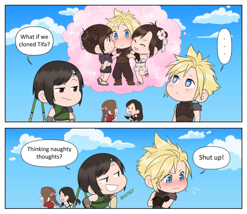 1boy 3girls aerith_gainsborough blue_sky blush chibi chibi_only cloud cloud_strife cloudy_sky eepz final_fantasy final_fantasy_vii final_fantasy_vii_rebirth final_fantasy_vii_remake highres imagining meme multiple_girls sky smile speech_bubble tifa_lockhart tifa_lockhart_(majestic_glamour) tifa_lockhart_(shining_spirit) yuffie_kisaragi