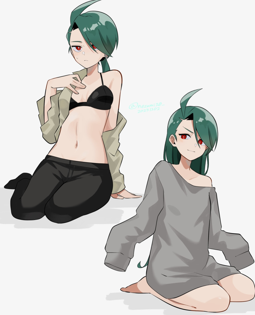 1girl antenna_hair black_pants bright_pupils ear_piercing earrings genjitsu_o_miro green_hair grey_shirt grey_sweater highres jewelry navel pants piercing pokemon pokemon_sv red_eyes reverse_trap rika_(pokemon) shirt solo sweater tomboy white_pupils