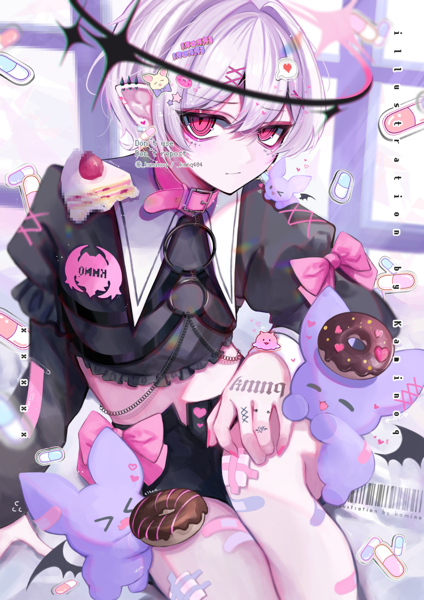 1boy absurdres animal_collar bandaid barbell_piercing barcode black_halo bow cake cake_slice censored censored_food collar crossdressing doughnut ear_piercing eyeshadow food frills hair_ornament halo highres industrial_piercing kaminoq light_rays looking_at_viewer makeup male_focus nail_polish o-ring open_mouth original piercing pill pink_eyes pink_eyeshadow pointy_ears solo window x_hair_ornament yami_kawaii