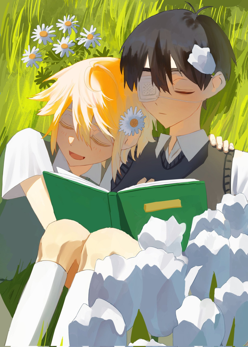 2boys basil_(faraway)_(omori) basil_(omori) black_sweater_vest closed_eyes closed_mouth collared_shirt eyepatch flower green_sweater_vest hair_flower hair_ornament highres kneehighs lifejam_403 multiple_boys omori open_mouth shirt short_hair smile socks spoilers sunny_(omori) sweater_vest white_shirt white_socks