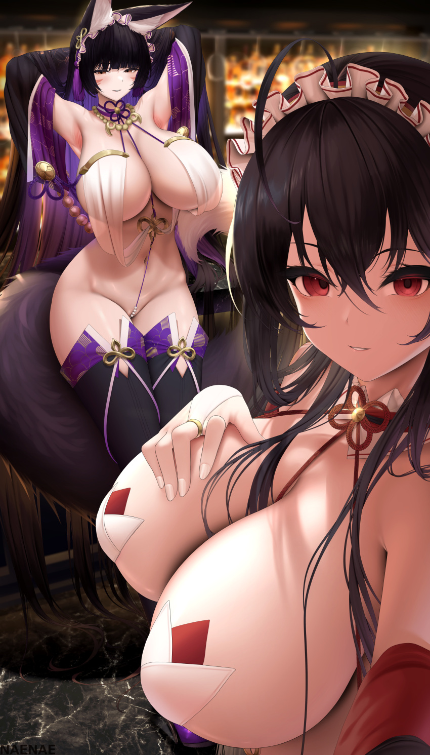 2girls absurdres ahoge animal_ear_fluff animal_ears azur_lane bare_shoulders black_hair black_kimono black_thighhighs blush breast_curtains breasts bridal_gauntlets brown_eyes cleavage colored_inner_hair crossed_bangs detached_sleeves facial_mark fouriasensei fox_ears fox_girl fox_tail grin highres japanese_clothes jewelry kimono large_breasts long_hair looking_at_viewer magatama magatama_necklace maid_headdress multicolored_hair multiple_girls multiple_tails musashi_(azur_lane) navel necklace off_shoulder pasties pearl_thong purple_hair red_eyes revealing_clothes smile taihou_(azur_lane) tail thighhighs thighs very_long_hair whisker_markings