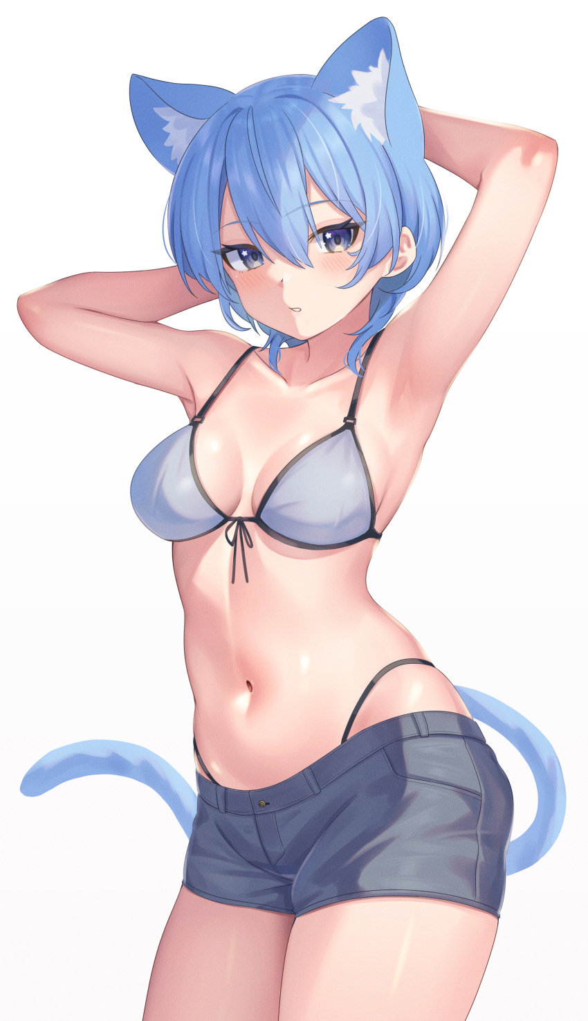 1girl absurdres animal_ear_fluff animal_ears aoi_zerii armpits bare_shoulders bikini blue_eyes blue_hair blush breasts cat_ears cat_girl cat_tail cleavage denim denim_shorts hair_between_eyes highleg highleg_swimsuit highres hololive hoshimachi_suisei looking_at_viewer medium_breasts navel open_mouth short_hair shorts side-tie_bikini_bottom solo star_(symbol) star_in_eye swimsuit symbol_in_eye tail thighs virtual_youtuber white_bikini