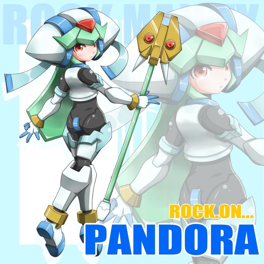 1girl armor black_bodysuit bodysuit character_name commentary_request copyright_name crop_top crotch_plate from_behind green_hair highres holding holding_staff long_hair mega_man_(series) mega_man_zx model_w_(mega_man) pandora_(mega_man) power_armor red_eyes solo staff takaramono white_armor white_helmet zoom_layer