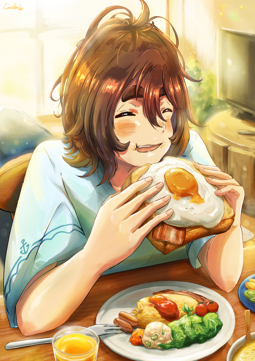 1girl absurdres artist_name bacon blue_shirt blush bread bread_slice breakfast brown_hair creatrail day eating facing_viewer food food_request fork fried_egg hair_between_eyes highres indoors juice medium_hair messy_hair omelet orange_juice plate shirt solo television thick_eyebrows toast