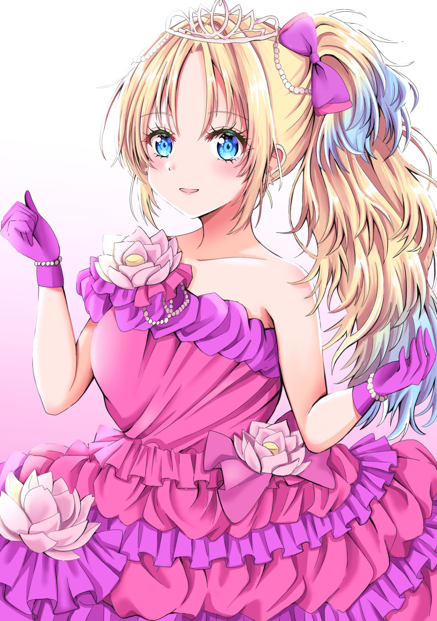 1girl absurdres bead_bracelet beads blonde_hair blue_eyes blue_hair blush bow bracelet collarbone dress dress_flower flower gloves gradient_background gradient_hair hair_bow hands_up high_side_ponytail highres jewelry light_blue_hair link!_like!_love_live! long_hair looking_at_viewer love_live! meimaru multicolored_hair official_alternate_costume osawa_rurino parted_bangs pink_background pink_dress pink_flower princess purple_bow purple_dress purple_gloves sidelocks single-shoulder_dress solo tiara two-tone_background two-tone_dress virtual_youtuber white_background