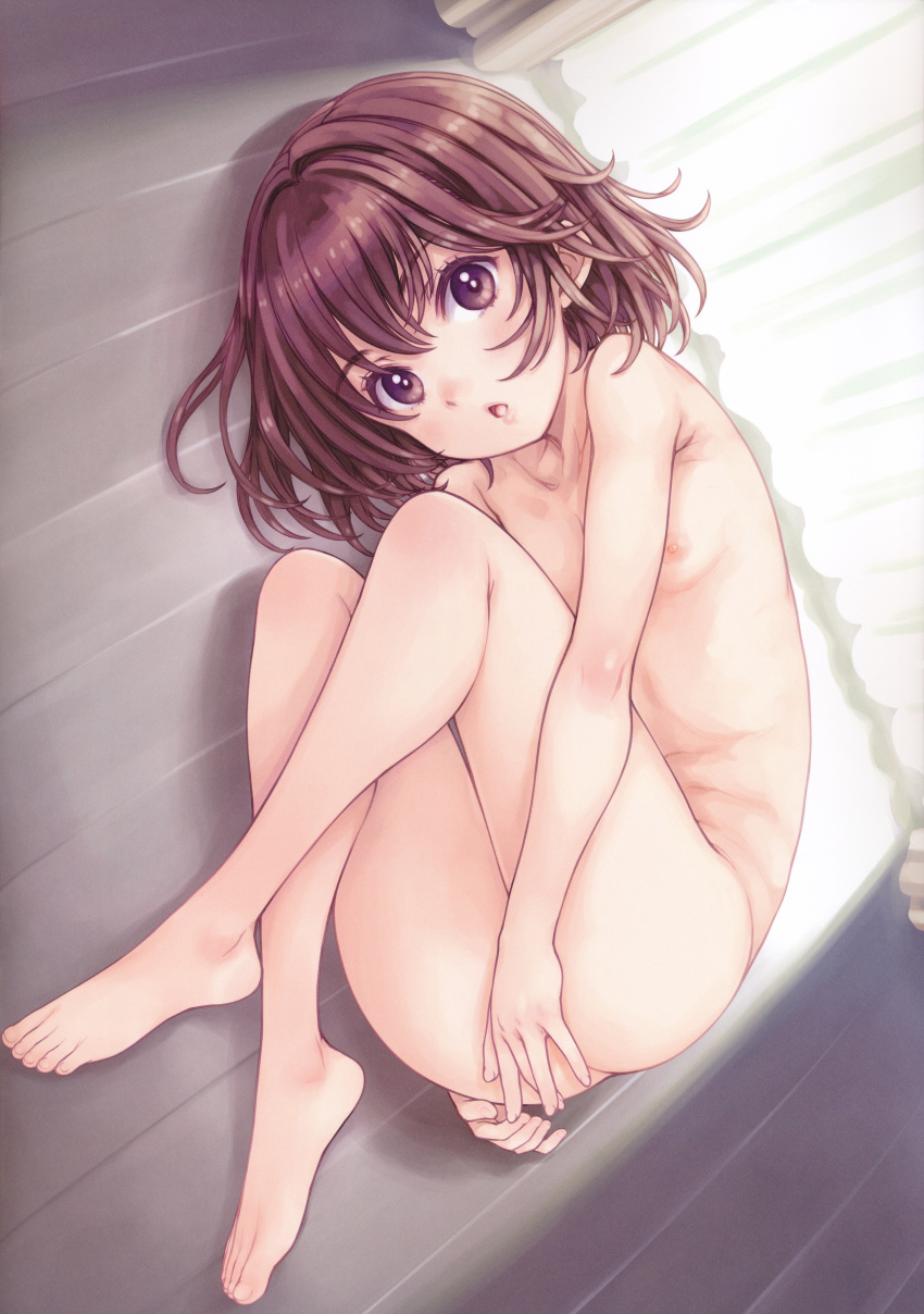 1girl absurdres barefoot blush brown_eyes brown_hair child flat_chest focke_wulf hair_between_eyes highres looking_at_viewer lying medium_hair navel nipples on_side original scan skinny solo