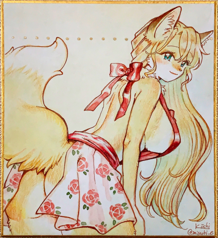 anthro apron areola areola_slip blue_eyes bottomless bottomless_anthro bow_ribbon canid canine clothed clothing female fox hair hi_res kiichi mammal pattern_(disambiguation) rose_(disambiguation) solo