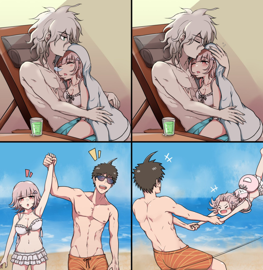 1girl 2boys :d :o ahoge animal_bag arm_up bikini breasts brown_hair cat_bag danganronpa_(series) danganronpa_2:_goodbye_despair day green_male_swimwear grey_bikini grey_hair grey_jacket happy highres hinata_hajime hug jacket kiss kissing_forehead kmnm_1403 large_breasts layered_bikini male_swimwear medium_hair mole mole_on_breast multiple_boys nanami_chiaki navel nose_bubble notice_lines orange_male_swimwear outdoors pink_bag pink_hair short_hair sitting sleeping smile stomach sunglasses swimsuit swinging teeth topless upper_teeth_only