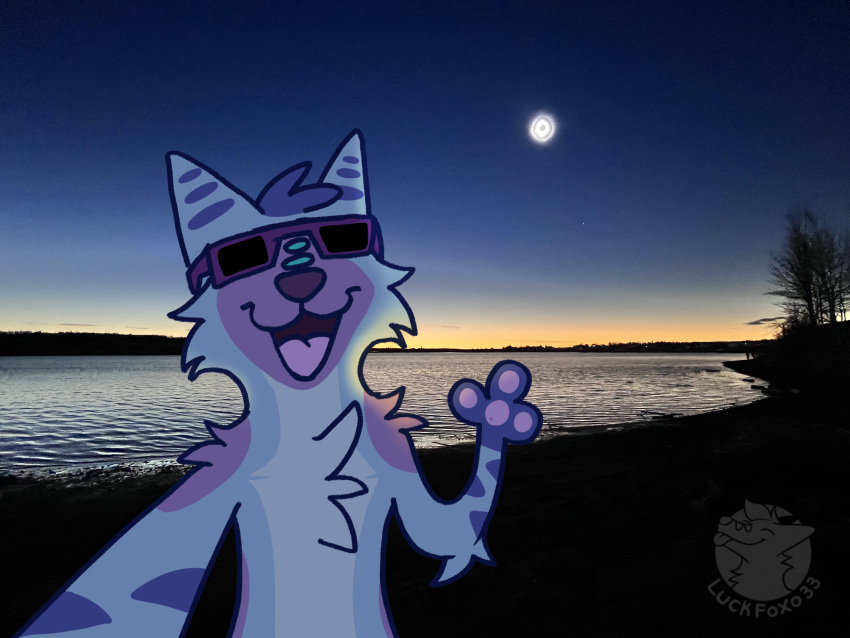 absurd_res blue_body blue_fur blue_hair canid canine chest_tuft draw_over eclipse eyewear fox fur glasses hair hi_res light luckfoxo33 mammal meme moon photo_background photography_(artwork) selfie silly silly_face solar solar_eclipse sun sunglasses sunlight tolng tuft