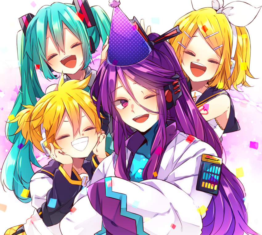 2boys 2girls blonde_hair blue_hair blush bow closed_eyes confetti grin hair_bow hair_ornament hair_stick hairclip hands_on_own_cheeks hands_on_own_face hat hatsune_miku headphones highres japanese_clothes kagamine_len kagamine_rin kaho_0102 kamui_gakupo long_hair long_sleeves multiple_boys multiple_girls one_eye_closed open_mouth party_hat ponytail purple_eyes purple_hair sailor_collar shirt short_sleeves sleeveless sleeveless_shirt smile twintails very_long_hair vocaloid