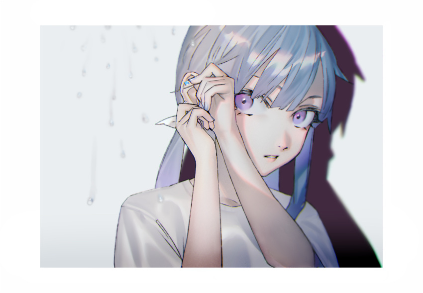 1boy amane_louis blue_hair blue_nails border drop_shadow ear_piercing grey_background hands_up holding holding_needle long_hair looking_at_viewer low_twintails male_focus mi8pq needle otoko_no_ko parted_lips piercing purple_eyes shirt short_sleeves simple_background solo twintails upper_body utau water_drop white_border white_shirt