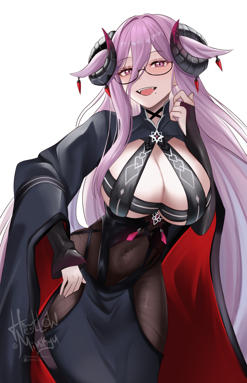 1girl absurdres azur_lane black-framed_eyewear black_horns bodystocking breasts covered_navel curled_horns friedrich_carl_(azur_lane) highres hollow_mimikyu horns huge_breasts instagram_username long_bangs long_hair long_sleeves mature_female mole mole_under_mouth open_mouth purple_eyes purple_hair semi-rimless_eyewear signature simple_background smile solo twitter_username very_long_hair white_background