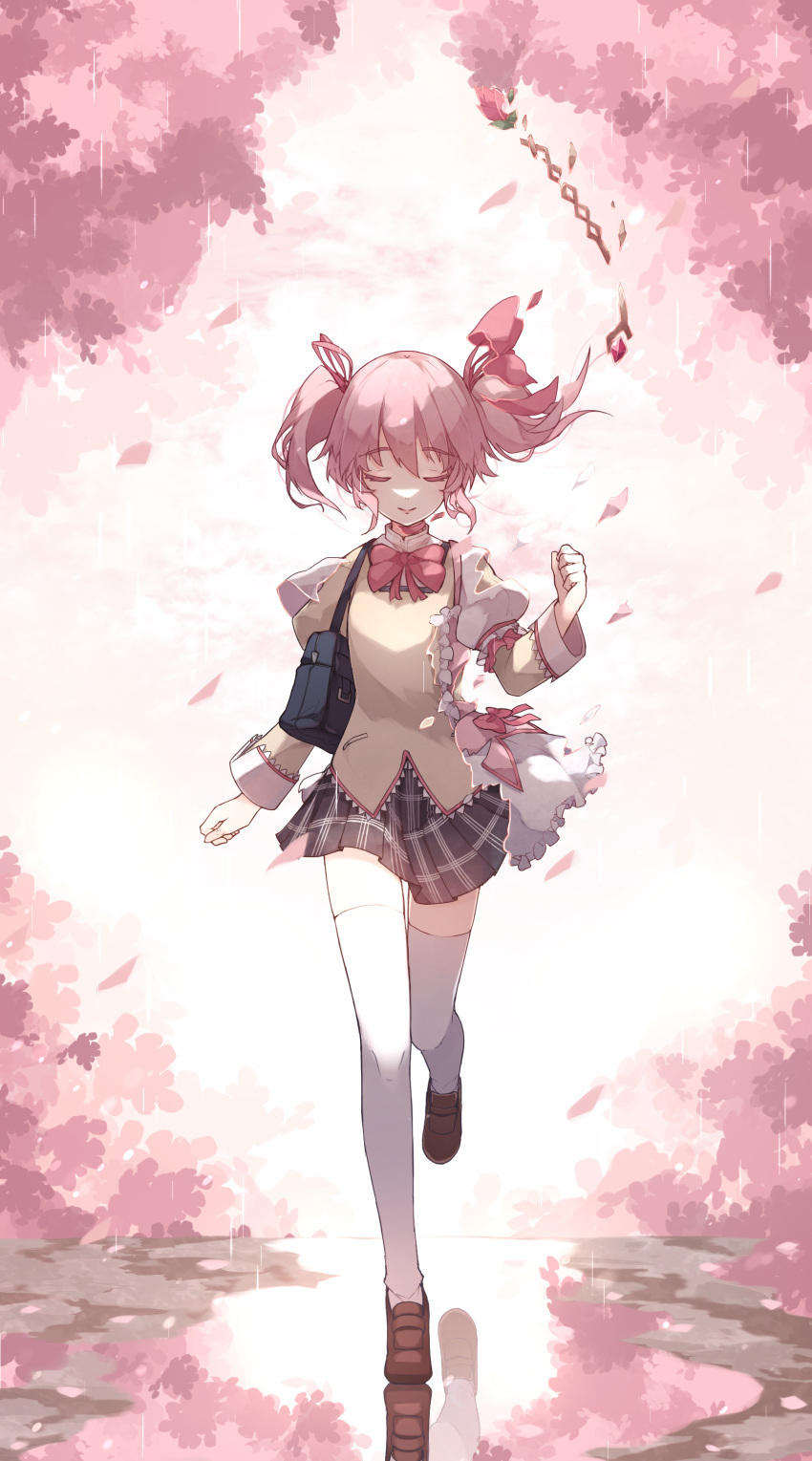 1girl absurdres bag black_skirt bow bowtie brown_footwear cherry_blossoms chiroru_(cheese-roll) clenched_hand closed_eyes commentary day dual_persona english_commentary facing_viewer falling_petals full_body hair_ribbon hand_up highres jacket juliet_sleeves kaname_madoka loafers long_sleeves magical_girl mahou_shoujo_madoka_magica mahou_shoujo_madoka_magica_(anime) mitakihara_school_uniform outdoors petals pink_bow pink_bowtie pink_hair plaid plaid_skirt puffy_sleeves reflection ribbon running school_bag school_uniform shoes short_hair short_twintails skirt smile solo straight-on thighhighs transformation twintails white_thighhighs yellow_jacket