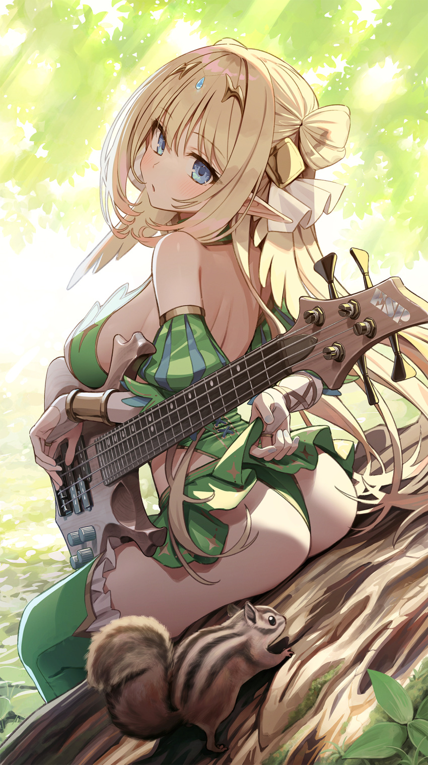 1girl animal ass bare_back bare_shoulders blonde_hair blue_eyes blue_nails bracelet breasts elf from_behind gem green_panties green_skirt green_thighhighs guitar hair_ribbon head_tilt highres instrument jewelry kaito_(k4itoh) large_breasts long_hair looking_at_viewer miniskirt nail_polish original outdoors panties pointy_ears ribbon sideboob sitting skirt solo squirrel thighhighs thong underwear very_long_hair