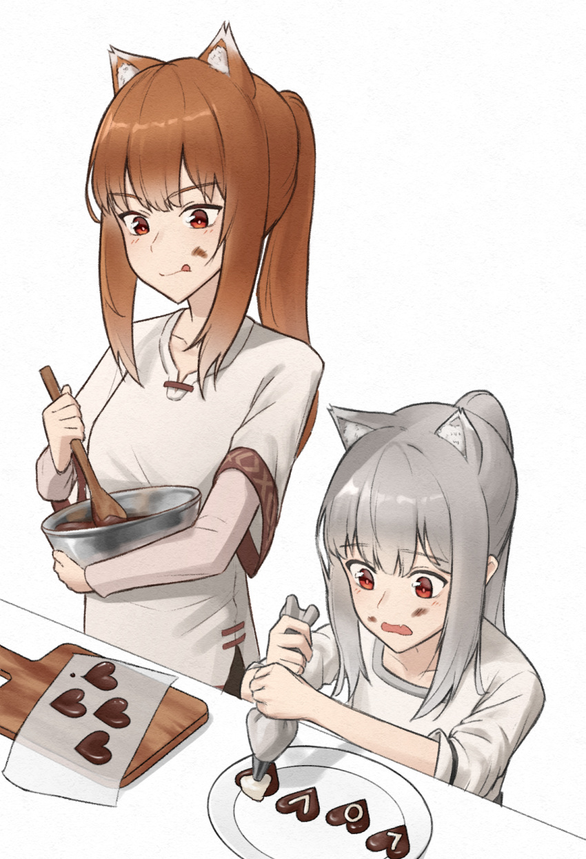 2girls :q alternate_hairstyle animal_ear_fluff animal_ears bowl bright_pupils brown_hair candy chocolate chocolate_on_face closed_mouth commentary cooking english_text food food_on_face grey_hair hair_between_eyes heart heart-shaped_chocolate highres holding holding_bowl holding_spoon holo koide_7285 light_blush long_hair looking_at_food looking_down mother_and_daughter multiple_girls myuri_(spice_and_wolf) ponytail red_eyes shirt short_sleeves sidelocks simple_background sleeves_rolled_up spice_and_wolf spoilers spoon straight_hair tongue tongue_out tsurime upper_body v-shaped_eyebrows valentine white_background white_shirt wide_sleeves wolf_ears wolf_girl wooden_spoon