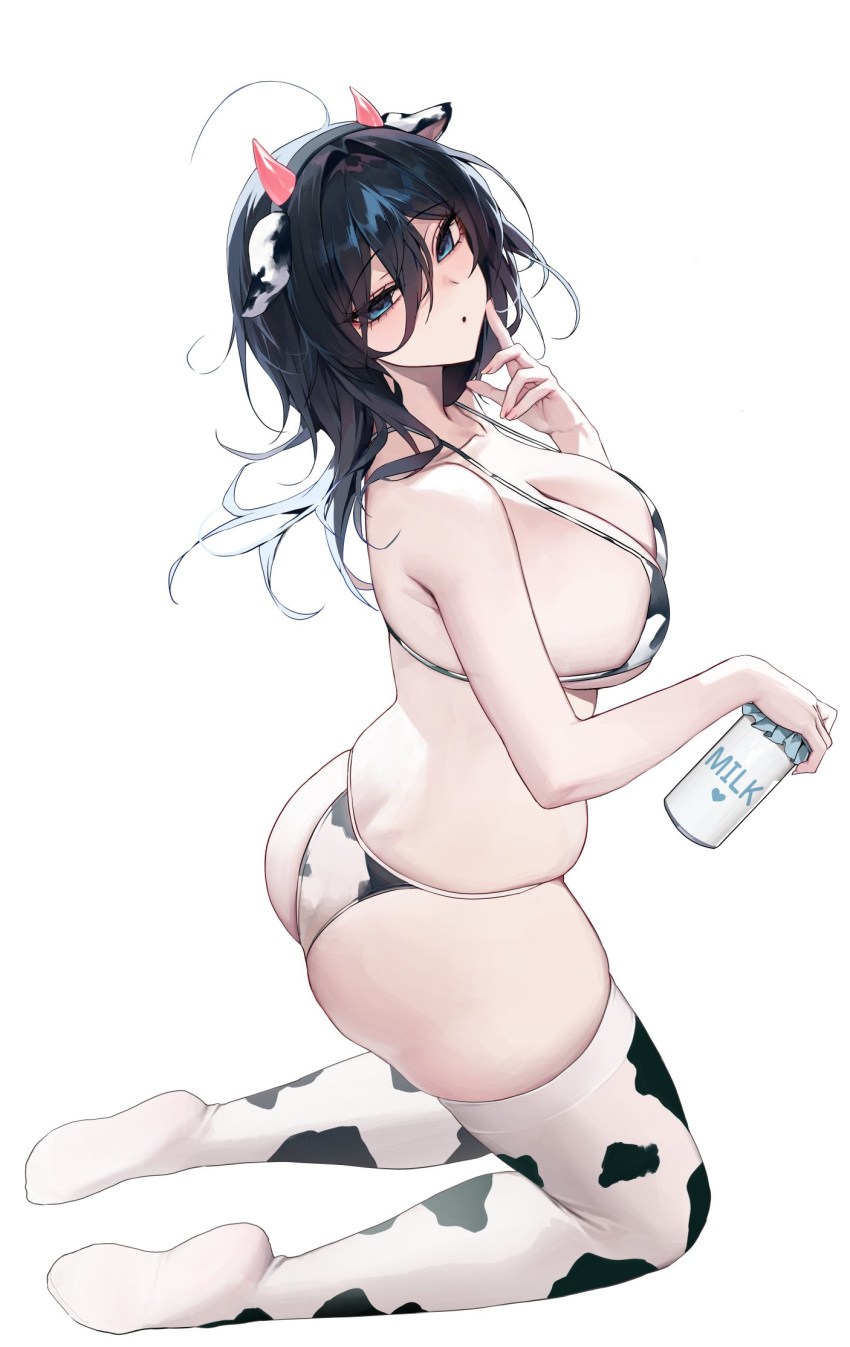 1girl :o animal_ears animal_print ass bara_(03_bara_) bare_arms bare_shoulders black_hair black_hairband blue_eyes blush breasts collarbone commentary cow_ears cow_horns cow_print fake_animal_ears fake_horns from_side full_body hair_between_eyes hair_ornament hairband hand_up highres holding horns kneeling large_breasts looking_at_viewer looking_to_the_side medium_hair open_mouth original simple_background solo symbol-only_commentary thighhighs thighs white_background white_thighhighs yokoyama_ishimi