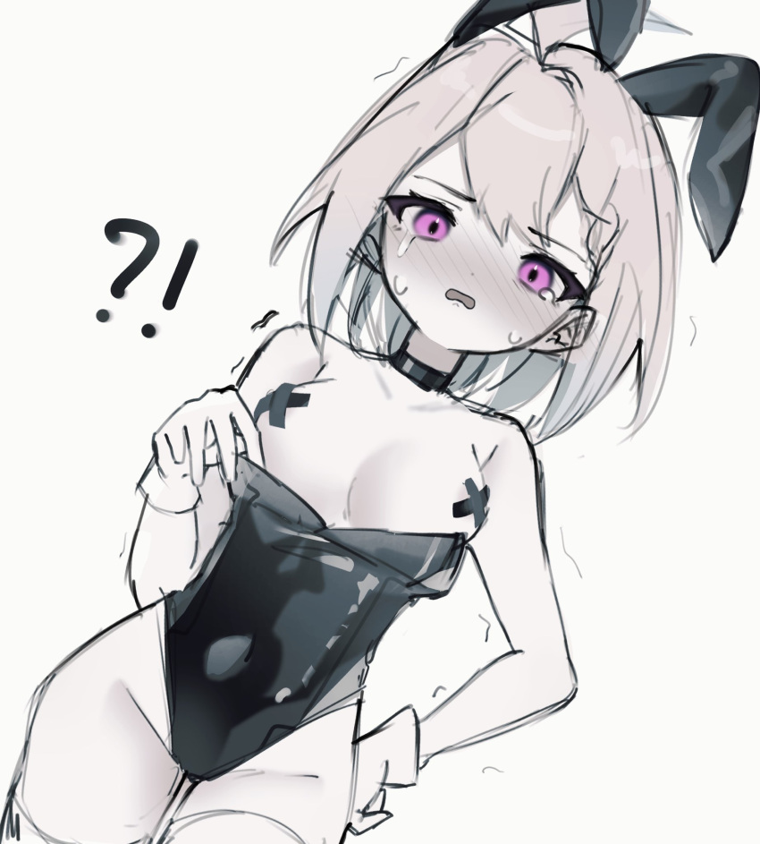 !? 1girl ahoge animal_ears black_choker blonde_hair blush breasts choker collarbone covered_navel crying crying_with_eyes_open enna_alouette fake_animal_ears gloves highres looking_at_viewer medium_breasts medium_hair motion_lines nijisanji nijisanji_en open_mouth pasties playboy_bunny pulled_by_self purple_eyes rabbit_ears simple_background solo sweat tape tape_on_nipples tears thighhighs trembling white_background white_gloves white_thighhighs yukdz2