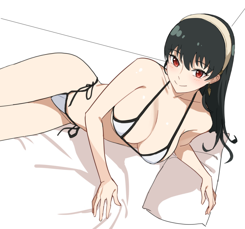 1girl bare_arms bare_shoulders bikini black_hair blush breasts closed_mouth earrings from_above hair_between_eyes hairband halterneck highres jason_kim jewelry large_breasts long_hair looking_at_viewer lying on_bed on_side pillow red_eyes side-tie_bikini_bottom smile solo split_mouth spy_x_family string_bikini swimsuit white_bikini white_hairband yor_briar
