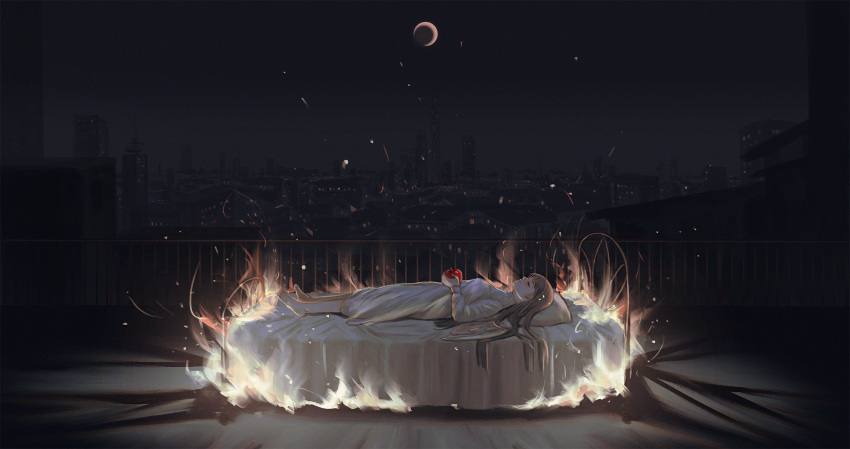 1girl apple barefoot bed black_sky brown_hair building burning chinese_commentary city city_lights cityscape closed_eyes commentary_request crescent_moon embers fire food from_above fruit hair_spread_out hand_on_own_stomach highres holding holding_food holding_fruit kimonogo long_hair lying moon night on_back on_bed original railing scenery shadow sky solo surreal wide_shot