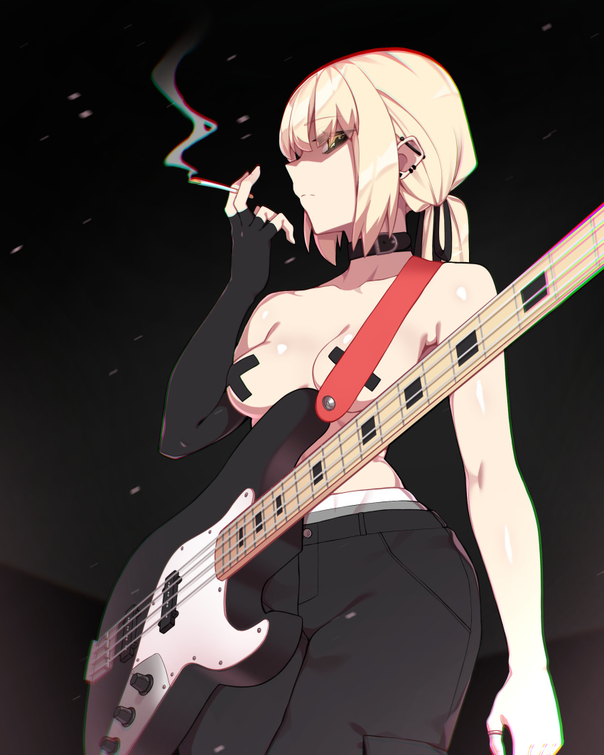 1girl absurdres artoria_pendragon_(fate) black_gloves black_pants blonde_hair breasts choker cigarette elbow_gloves electric_guitar fate/grand_order fate_(series) fingerless_gloves gloves guitar highres hyperbudd instrument long_hair looking_at_viewer low_ponytail medium_breasts pants pasties saber_alter shaded_face sidelocks single_glove solo topless yellow_eyes