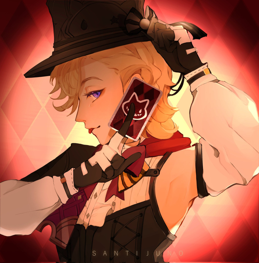 1boy armpits bishounen black_gloves detached_sleeves from_side genshin_impact gloves grey_hair hat hat_ribbon highres lyney_(genshin_impact) male_focus ribbon santi_juno short_hair solo tongue tongue_out top_hat upper_body