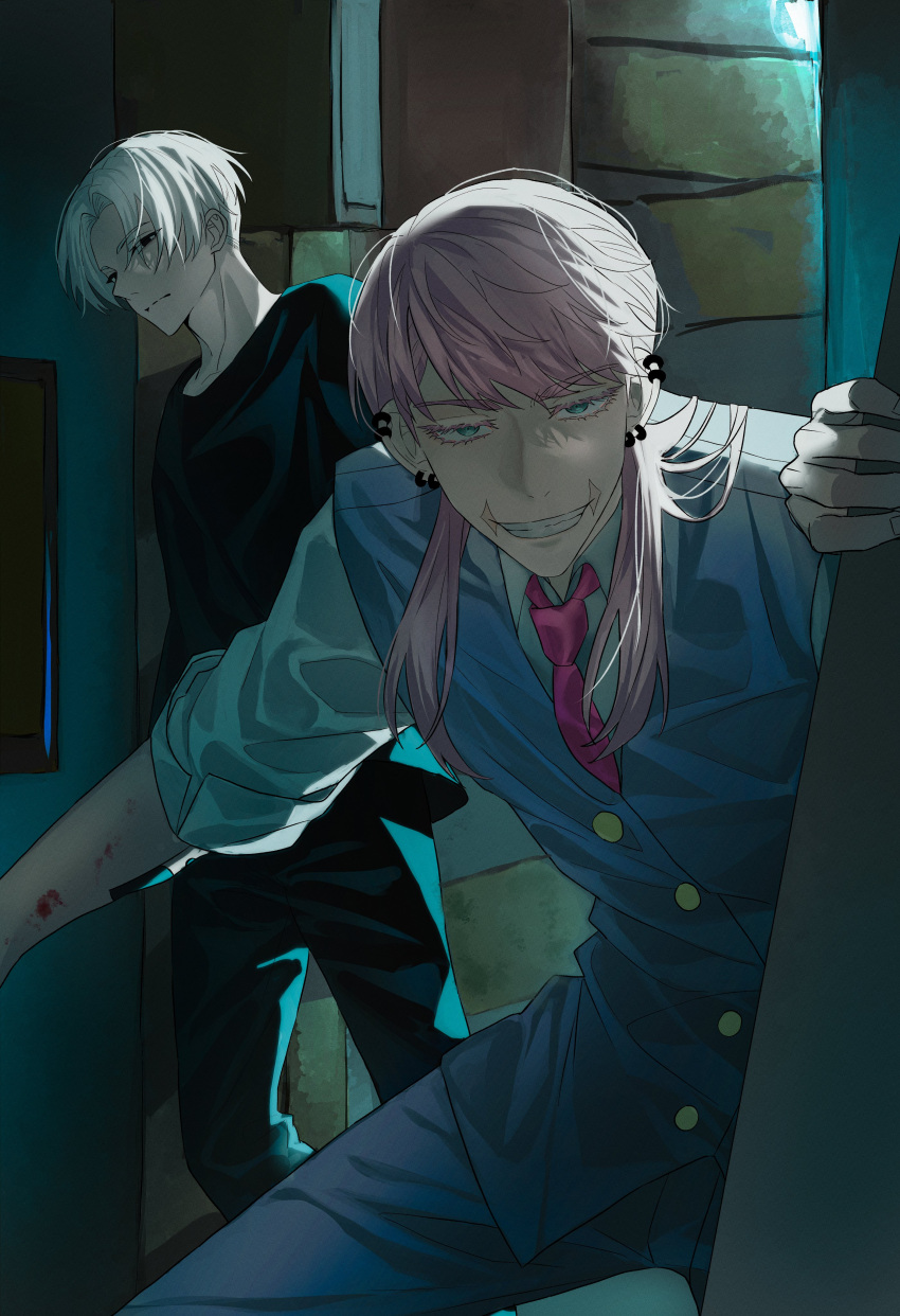 2boys absurdres aqua_eyes arm_tattoo black_eyes black_pants black_shirt blood blood_on_arm collared_shirt cowboy_shot dark doulwer ear_piercing evil_grin evil_smile eyelashes grin hand_on_wall highres leaning_forward looking_at_viewer male_focus multiple_boys necktie pants parted_bangs piercing pink_hair purple_necktie sano_manjirou sanzu_haruchiyo scar scar_on_face shadow shirt sleeves_rolled_up smile suit tattoo teeth tokyo_revengers vest white_hair white_shirt wolf_cut