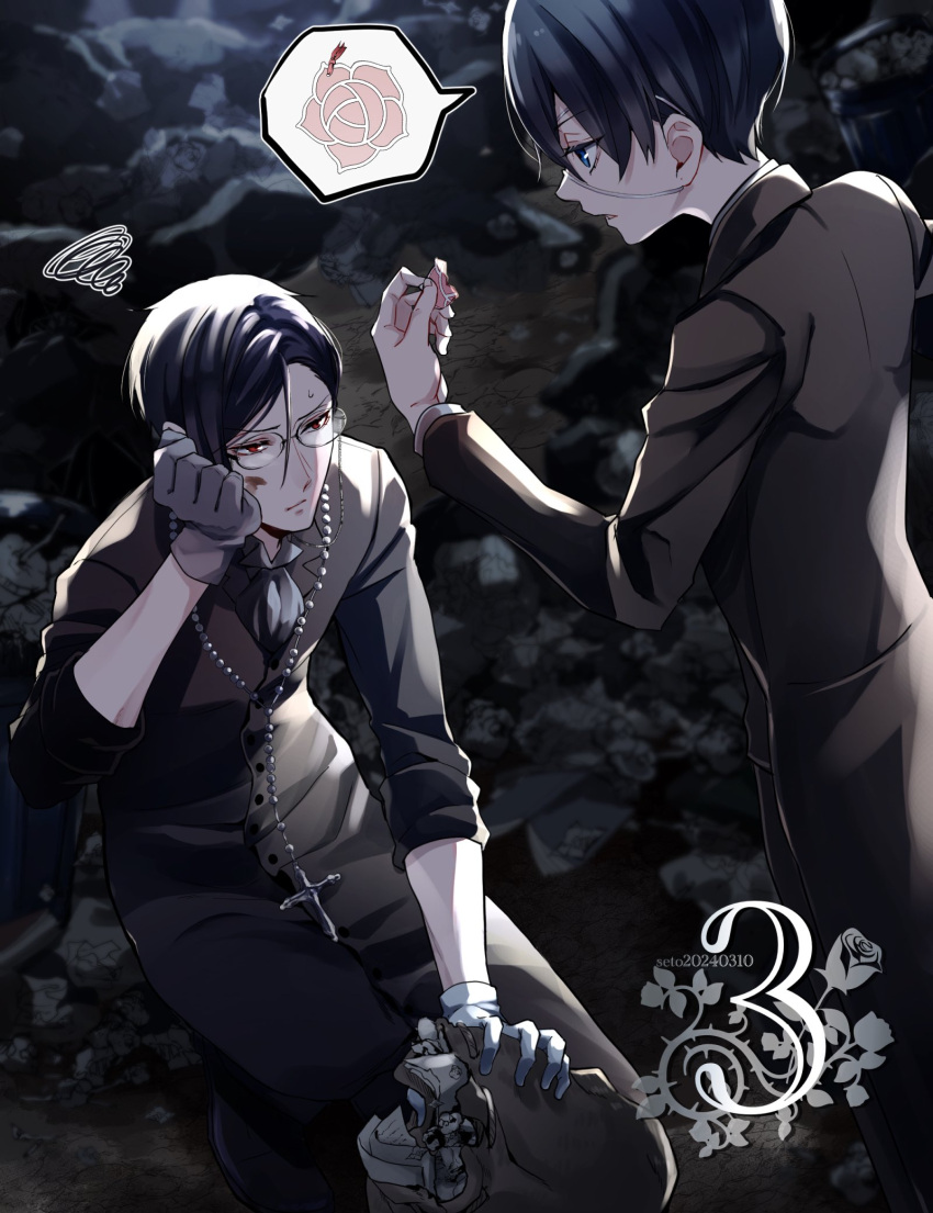 2boys alternate_hairstyle bag black_footwear black_jacket black_pants black_shirt blue_eyes blue_hair brown_bag buttons ciel_phantomhive closed_mouth cross cross_necklace dark_blue_hair eyepatch glasses gloves highres holding holding_bag jacket jewelry kuroshitsuji looking_at_viewer male_focus medical_eyepatch multiple_boys necklace official_alternate_costume open_mouth outdoors pants red_eyes round_eyewear sebastian_michaelis seto_(s_okome0203) shirt short_hair speech_bubble spoken_flower squiggle white_gloves wiping_face