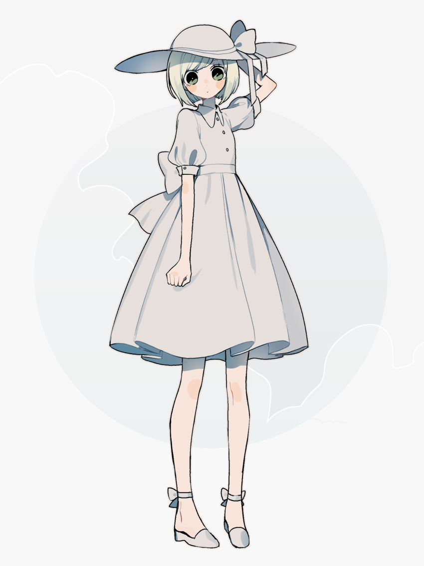 1girl ankle_strap arm_behind_head back_bow blonde_hair blush_stickers bow collared_dress dress expressionless full_body green_eyes hat hat_bow highres looking_at_viewer maco22 original short_hair short_sleeves solo sun_hat wide_brim