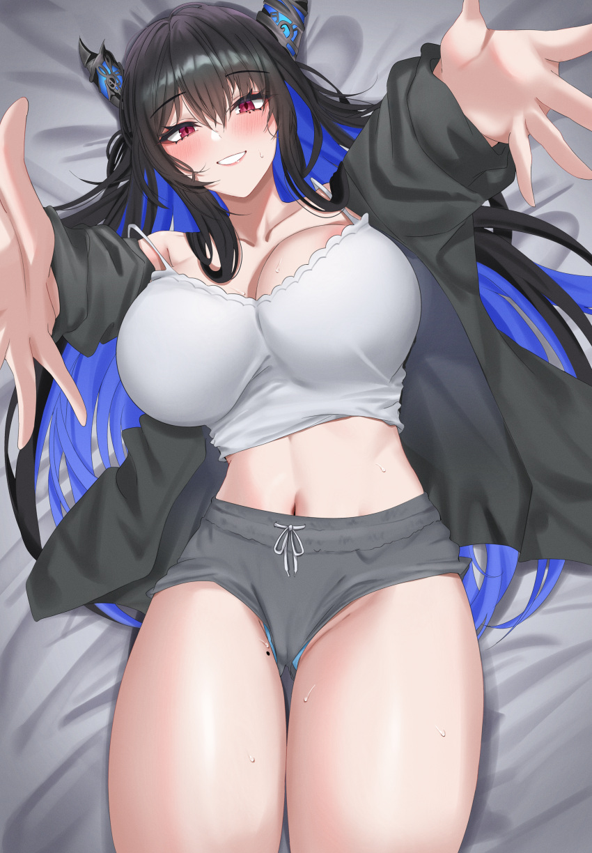 1girl absurdres alternate_costume asymmetrical_horns black_hair blue_hair breasts cardigan colored_inner_hair demon_horns grey_shorts highres hololive hololive_english horns large_breasts looking_at_viewer lying midriff mole mole_on_thigh mole_under_eye mole_under_mouth multicolored_hair navel nerissa_ravencroft on_back open_cardigan open_clothes outstretched_arms pov reaching reaching_towards_viewer red_eyes shorts solo split-color_hair sweat two-tone_hair uneven_horns virtual_youtuber yobi_(ybpac18)