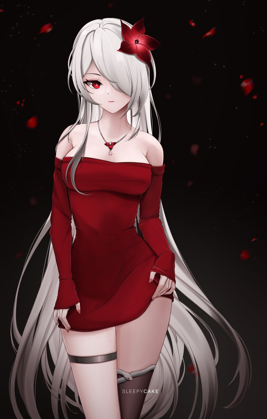 1girl acheron_(honkai:_star_rail) bare_shoulders black_background breasts cleavage dress flower flower_necklace highres honkai:_star_rail honkai_(series) jewelry legband long_hair long_sleeves necklace red_dress red_eyes red_flower sleepycake strapless strapless_dress thighs white_hair