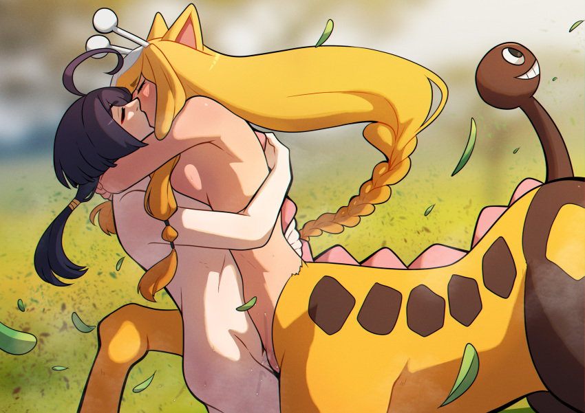 1boy 1girl animal_ears antennae artist_name black_hair blonde_hair blush breasts closed_eyes commentary english_commentary girafarig highres hug kinkymation kiss long_hair medium_breasts personification pokemon pussy pussy_juice sex sidelocks taur uncensored vaginal very_long_hair