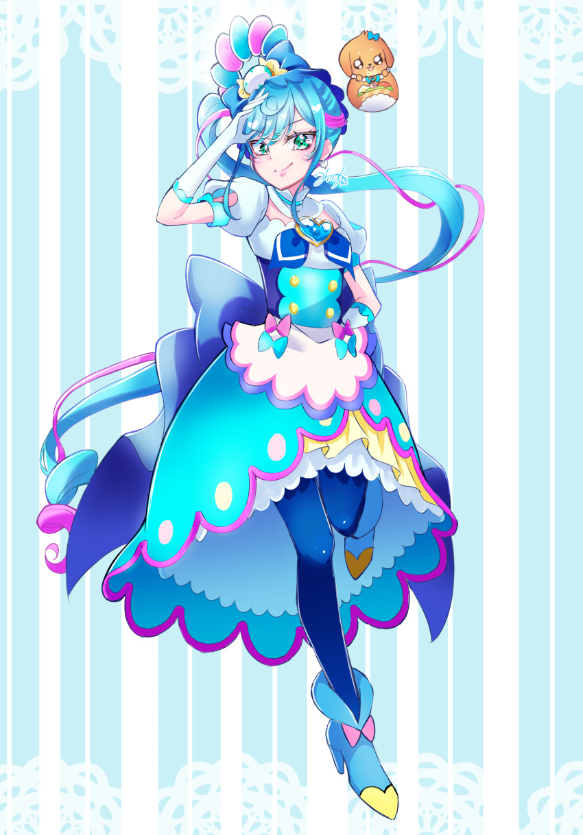 1girl absurdres back_bow blue_background blue_bow blue_dress blue_eyes blue_hair blue_pantyhose bow brooch closed_mouth clothing_cutout commentary cure_spicy delicious_party_precure doily dress full_body fuwa_kokone gloves hair_bow hand_on_own_hip heart heart_brooch highres huge_bow jewelry leg_up long_hair looking_at_viewer magical_girl medium_dress miisu_(minirose) multicolored_hair pam-pam_(precure) pantyhose pink_hair precure puffy_short_sleeves puffy_sleeves rope salute short_sleeves side_ponytail smile solo standing standing_on_one_leg streaked_hair very_long_hair white_gloves