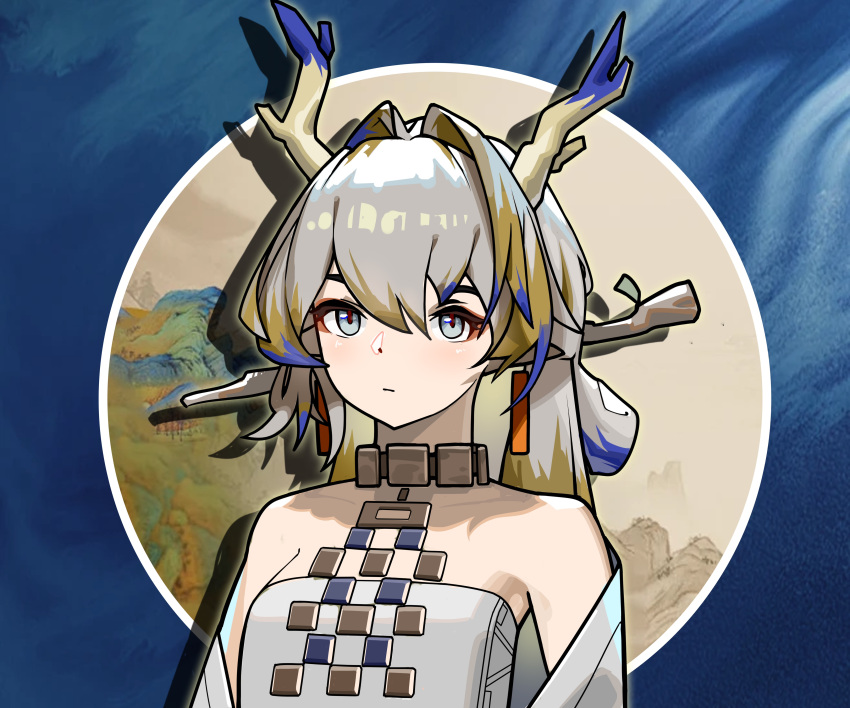 1girl absurdres arknights bare_shoulders choker commentary_request grey_eyes grey_hair hair_intakes highres horns jewelry long_hair looking_at_viewer necklace off_shoulder shu_(arknights) solo strapless tube_top upper_body yy_yang