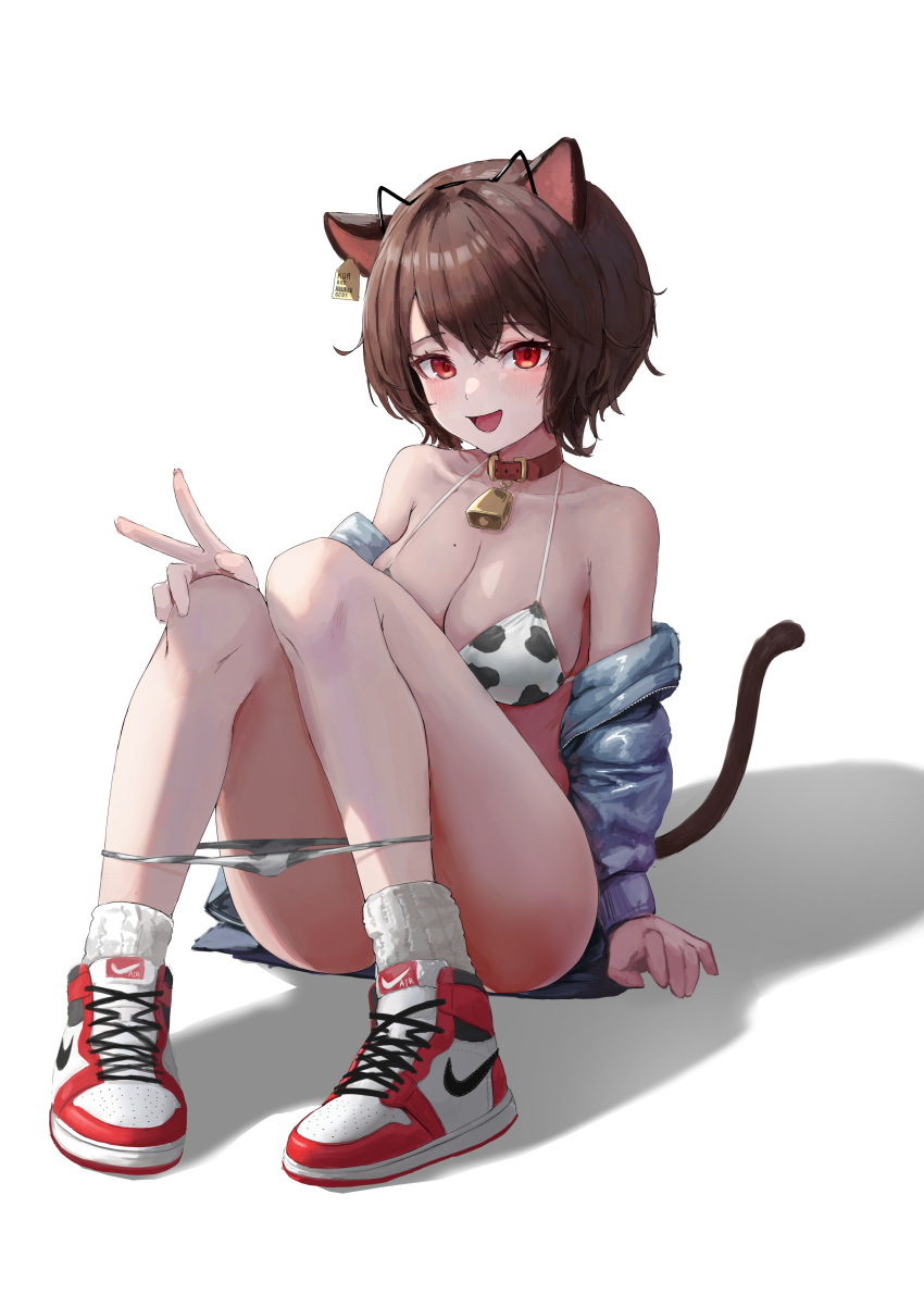 1girl absurdres air_jordan air_jordan_1 animal_collar animal_ear_hairband animal_ears animal_print arm_support bare_shoulders bell bikini bikini_pull blue_jacket blush breasts brown_hair cat_ear_hairband cat_ears cat_girl cat_tail clothes_pull collar commission convenient_leg cow_print cow_print_bikini cowbell cross-laced_footwear crossed_bangs ear_tag fake_animal_ears fake_horns hair_between_eyes hairband halterneck hand_on_own_knee high_tops highres horns jacket knees_up large_breasts long_sleeves neck_bell nike_(company) off_shoulder open_clothes open_jacket open_mouth original pixiv_commission print_bikini prunechi red_collar red_eyes shoes short_hair sitting smile sneakers socks solo suang swimsuit tail transparent_background v white_socks