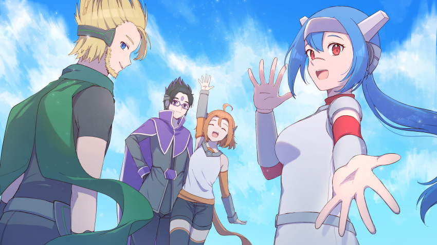 2boys 2girls absurdres ahoge arm_up black_hair black_shorts blonde_hair blue_hair breasts cape crosscode emilie-sophie_de_belmond facial_hair forehead_jewel glasses green_scarf hand_on_hip headgear highres lea_(crosscode) long_hair lucas_fink medium_breasts multicolored_hair multiple_boys multiple_girls open_mouth orange_hair ponytail purple_cape purple_hair reaching_out scarf shorts smile streaked_hair thighhighs toby_tremblay two-tone_hair yuikannon