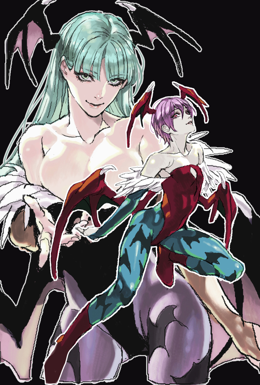 2girls animal_print bare_shoulders bat_print black_background black_leotard breasts bridal_gauntlets collarbone green_eyes green_hair head_wings highres leotard lilith_aensland morrigan_aensland multiple_girls nobita_(makoto7060355) pantyhose purple_hair purple_pantyhose red_eyes red_leotard smile strapless strapless_leotard vampire_(game) wings