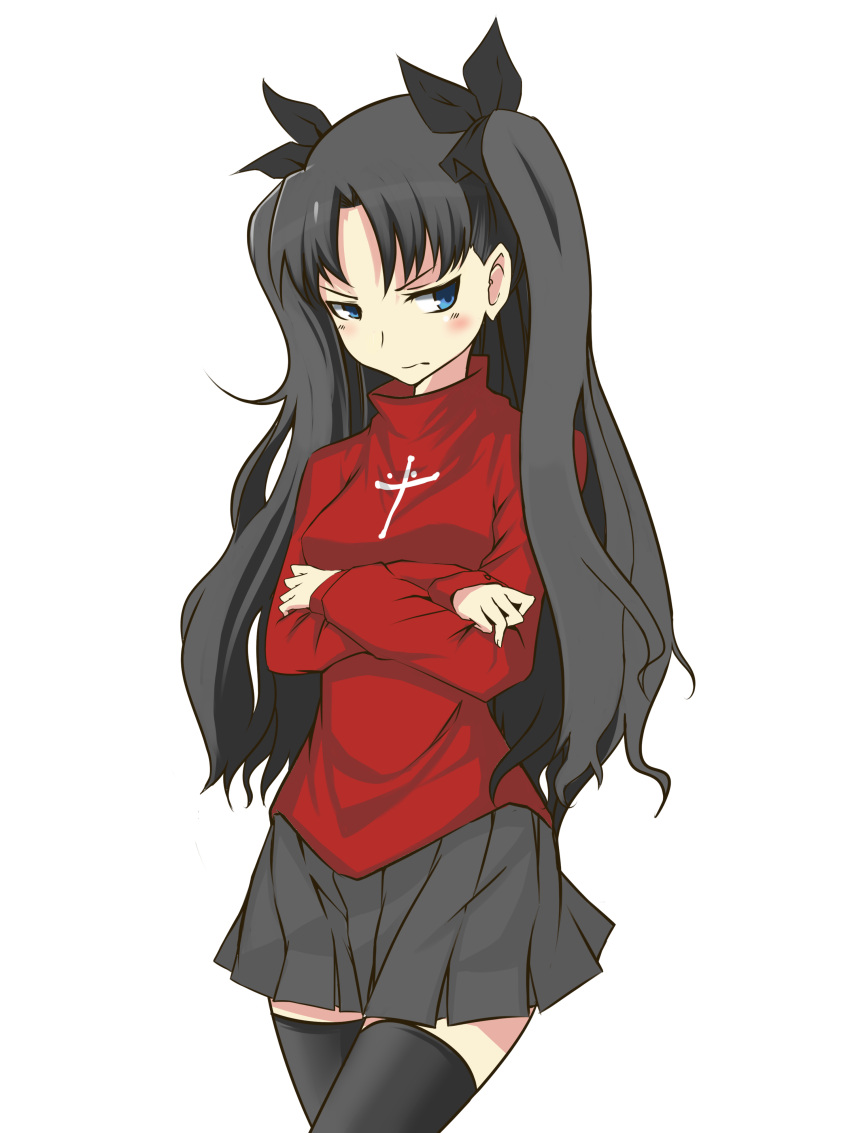 1girl absurdres akihikohex bangs black_bow black_hair black_legwear black_skirt blue_eyes blush bow breasts closed_mouth cowboy_shot cross crossed_arms english_commentary fate/stay_night fate_(series) hair_bow highres latin_cross long_hair looking_away miniskirt pleated_skirt print_sweater red_sweater skirt small_breasts solo sweater thighhighs tohsaka_rin transparent_background tsundere two_side_up v-shaped_eyebrows wavy_mouth zettai_ryouiki