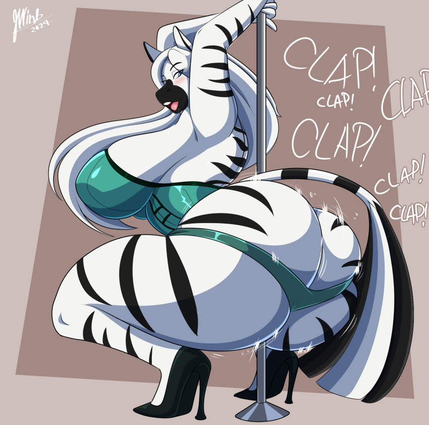 anthro ass_clapping big_breasts big_butt blush breasts butt clothing crouching dancing equid equine female footwear hair hi_res high_heels huge_breasts huge_butt huge_thighs jwinkz leotard mammal open_mouth panties pole pole_dancing solo sound_effects stripper tail thick_thighs twerking underwear white_hair zebra