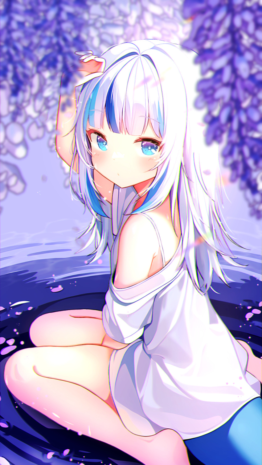 1girl arm_up asakuno_meron bare_legs barefoot between_legs blue_eyes blurry blurry_foreground closed_mouth fins fish_tail flower from_side gawr_gura hand_between_legs hand_on_own_head highres hololive hololive_english light_blush long_hair looking_at_viewer looking_to_the_side multicolored_hair off_shoulder oversized_clothes oversized_shirt petals ripples shallow_water shark_tail shirt short_sleeves sitting solo spaghetti_strap streaked_hair t-shirt tail virtual_youtuber wariza water white_hair white_shirt
