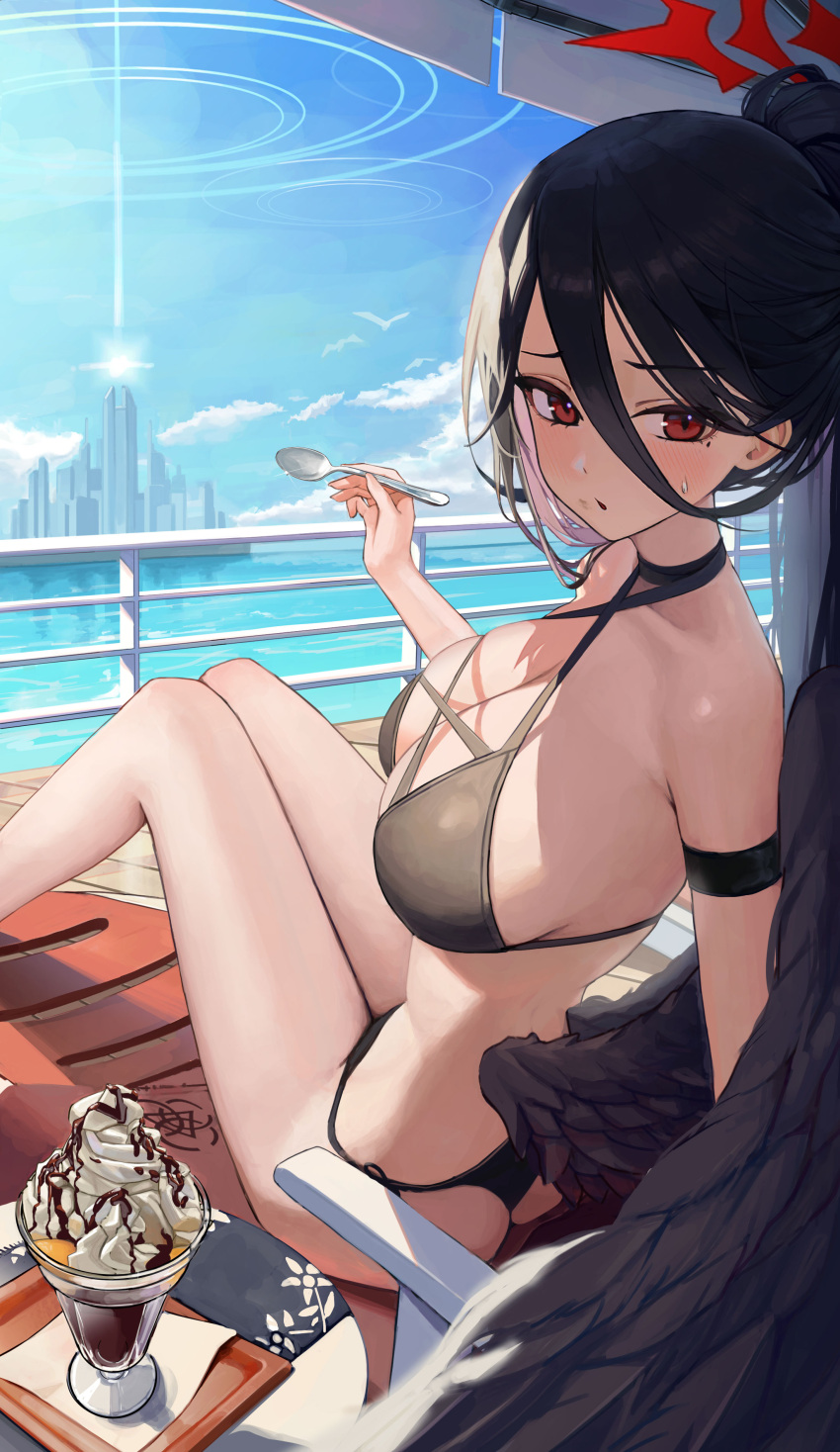 1girl absurdres bikini black_bikini black_choker black_hair black_wings blue_archive blue_sky breasts building chocolate chocolate_on_face chocolate_syrup choker cloud day dessert food food_on_face hallo_(rltkdydrltk) halo hasumi_(blue_archive) high_ponytail highres holding holding_spoon large_breasts large_wings looking_at_viewer mole mole_under_eye ocean outdoors parfait railing red_eyes red_halo sitting sky solo spoon swimsuit trinity_general_school_logo wings