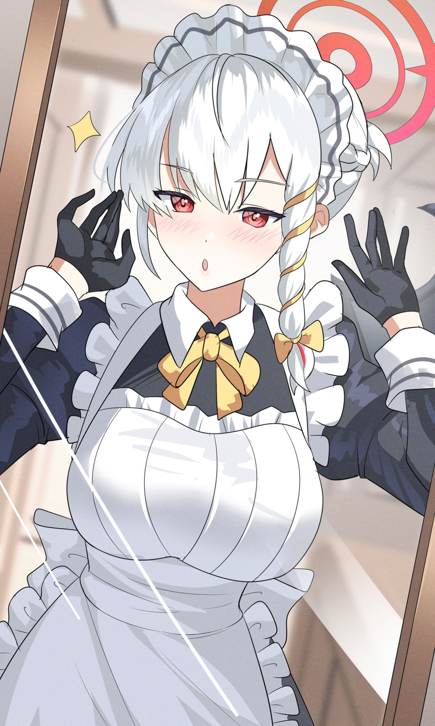 1girl absurdres alternate_costume apron black_dress black_gloves blue_archive blush braid breasts dress enmaided frilled_apron frills gloves grey_hair halo haruna_(blue_archive) highres juliet_sleeves large_breasts long_hair long_sleeves looking_at_viewer maid maid_apron maid_headdress open_mouth puffy_sleeves red_eyes red_halo side_braid solo sysen upper_body white_apron