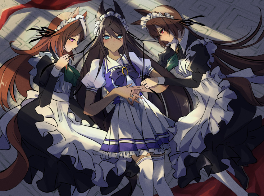 3girls alternate_costume animal_ears black_dress black_hair blue_eyes bow brown_hair closed_mouth commentary_request dark-skinned_female dark_skin dress ear_ornament earrings enmaided feet_out_of_frame frilled_dress frills hair_between_eyes highres horse_ears horse_girl horse_tail jewelry long_sleeves maid maid_headdress multicolored_hair multiple_girls on_ground puffy_short_sleeves puffy_sleeves purple_bow purple_eyes purple_shirt red_eyes sailor_collar school_uniform shirt short_sleeves single_earring sirius_symboli_(umamusume) skirt smile streaked_hair summer_uniform symboli_kris_s_(umamusume) symboli_rudolf_(umamusume) tail thighhighs toriumi_(fioripera14) tracen_school_uniform umamusume white_hair white_thighhighs