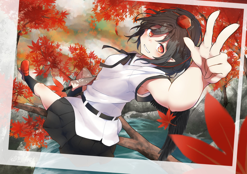 1girl absurdres autumn_leaves belt bird black_belt black_hair black_legwear black_ribbon black_skirt black_wings breasts collared_shirt feathered_wings gesture geta grin hakua_(aiziro_039) hand_fan hat hauchiwa highres holding holding_fan kneehighs leaf looking_at_viewer maple_leaf medium_breasts outdoors photo_(object) pleated_skirt pointy_ears red_eyes red_footwear red_headwear ribbon shameimaru_aya shirt short_sleeves sitting skirt smile tassel tengu tengu-geta tokin_hat touhou v white_shirt wings