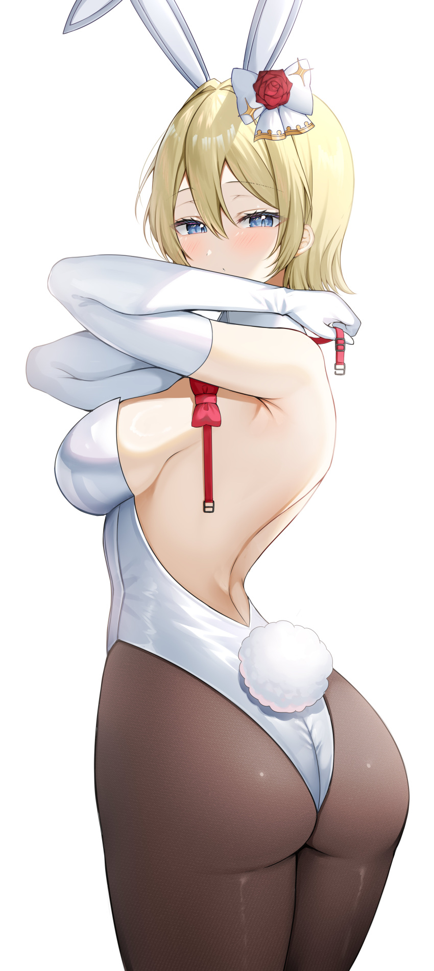 1girl absurdres animal_ears aozora_nan arms_up ass back backless_leotard bare_back bare_shoulders blonde_hair blue_eyes bow breasts brown_pantyhose cowboy_shot detached_collar elbow_gloves fake_animal_ears fake_tail from_behind gloves hair_bow highleg highleg_leotard highres leotard looking_at_viewer looking_back median_furrow medium_breasts original pantyhose playboy_bunny rabbit_ears rabbit_tail short_hair solo standing strapless strapless_leotard tail white_gloves white_leotard