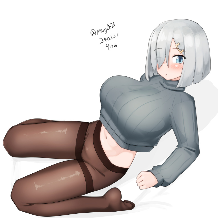 1girl absurdres black_pantyhose blue_eyes breasts dated grey_hair grey_sweater hair_ornament hair_over_one_eye hairclip hamakaze_(kancolle) highres kantai_collection large_breasts looking_at_viewer maru_(marg0613) one-hour_drawing_challenge pantyhose ribbed_sweater short_hair simple_background solo sweater thighband_pantyhose twitter_username white_background