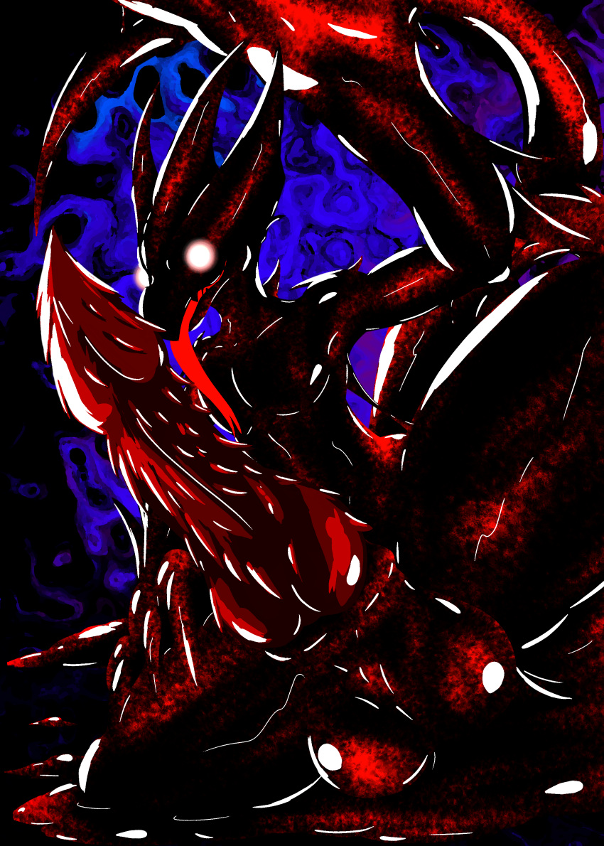 4_fingers absurd_res aghanashi_(shadowsoulful) animal_genitalia anthro balls big_balls big_penis black_body charmeleon claws darkness dripping erection fan_character fangs finger_claws fingers generation_1_pokemon genitals gesture glistening glistening_body glistening_genitalia glowing glowing_eyes goo_creature hi_res horn knot looking_at_viewer male nintendo nude penile_spines penis pokemon pokemon_(species) red_tongue scalie shadow shadow_creature shadowsoulful sheath slime solo teeth thick_thighs tongue waving waving_at_viewer white_eyes wide_hips